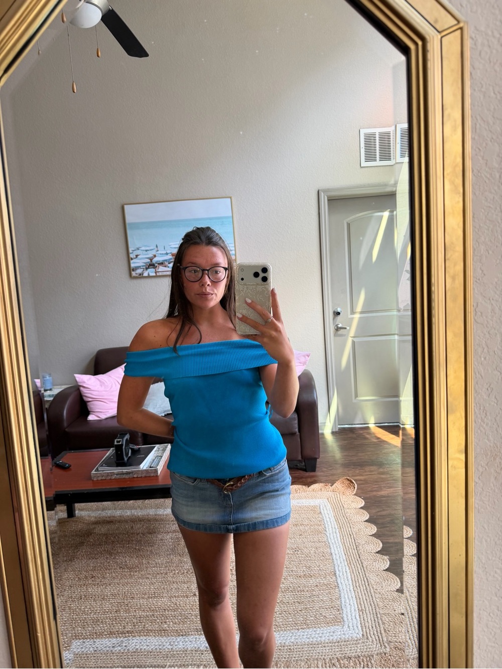 Vintage Off-Shoulder Turquoise Knit Top